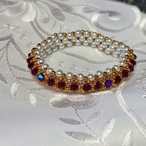 Hand Crafted Pearl Bangle with Gold and Red Accent Beads Size Small